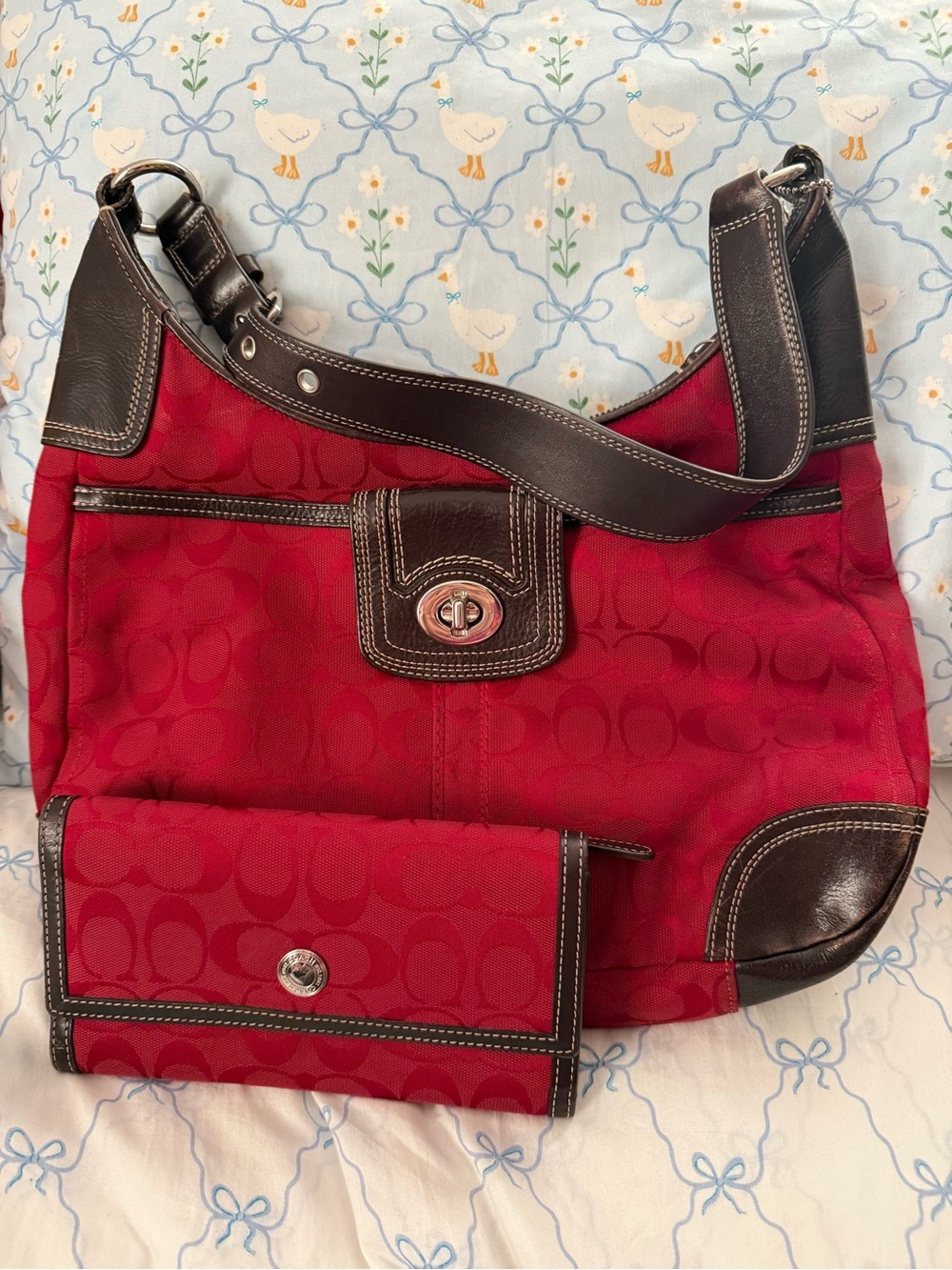Coach Red Signature Canvas and Leather Hobo Bag with Matching Wallet